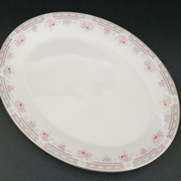 Vintage Royal Doulton Vogue Elegance 13" Oval Serving Platter Tan Edge Pink Rose - Picture 1 of 9
